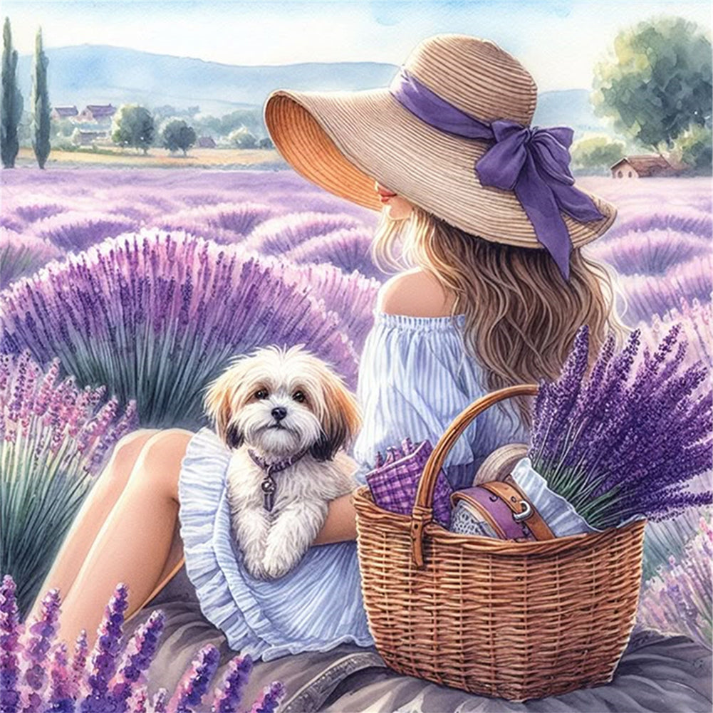 Girl And Puppy In The Flower Field - 11CT Stamped Cross Stitch 40*40CM