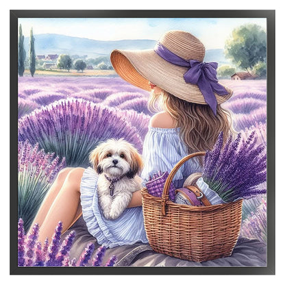 Girl And Puppy In The Flower Field - 11CT Stamped Cross Stitch 40*40CM