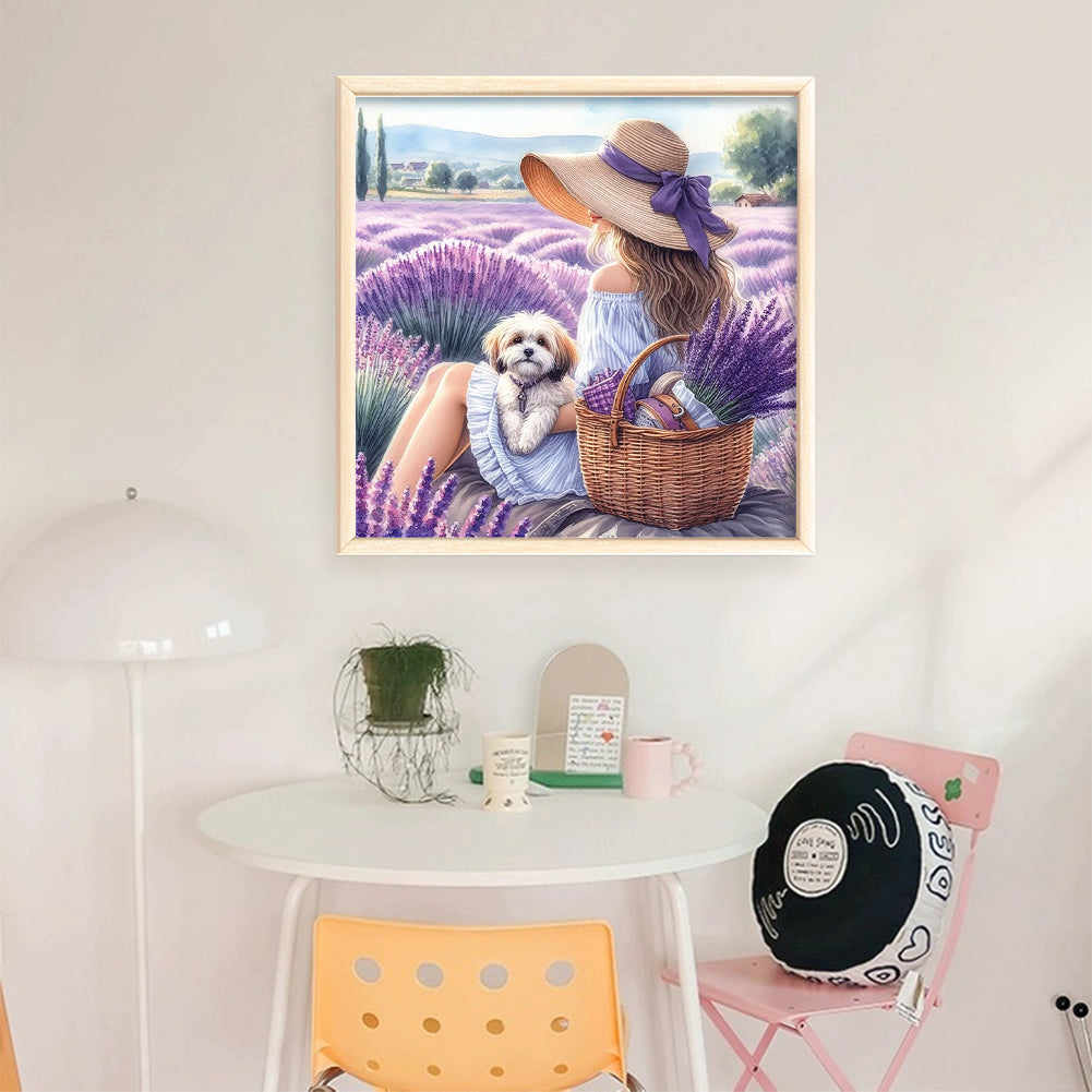 Girl And Puppy In The Flower Field - 11CT Stamped Cross Stitch 40*40CM