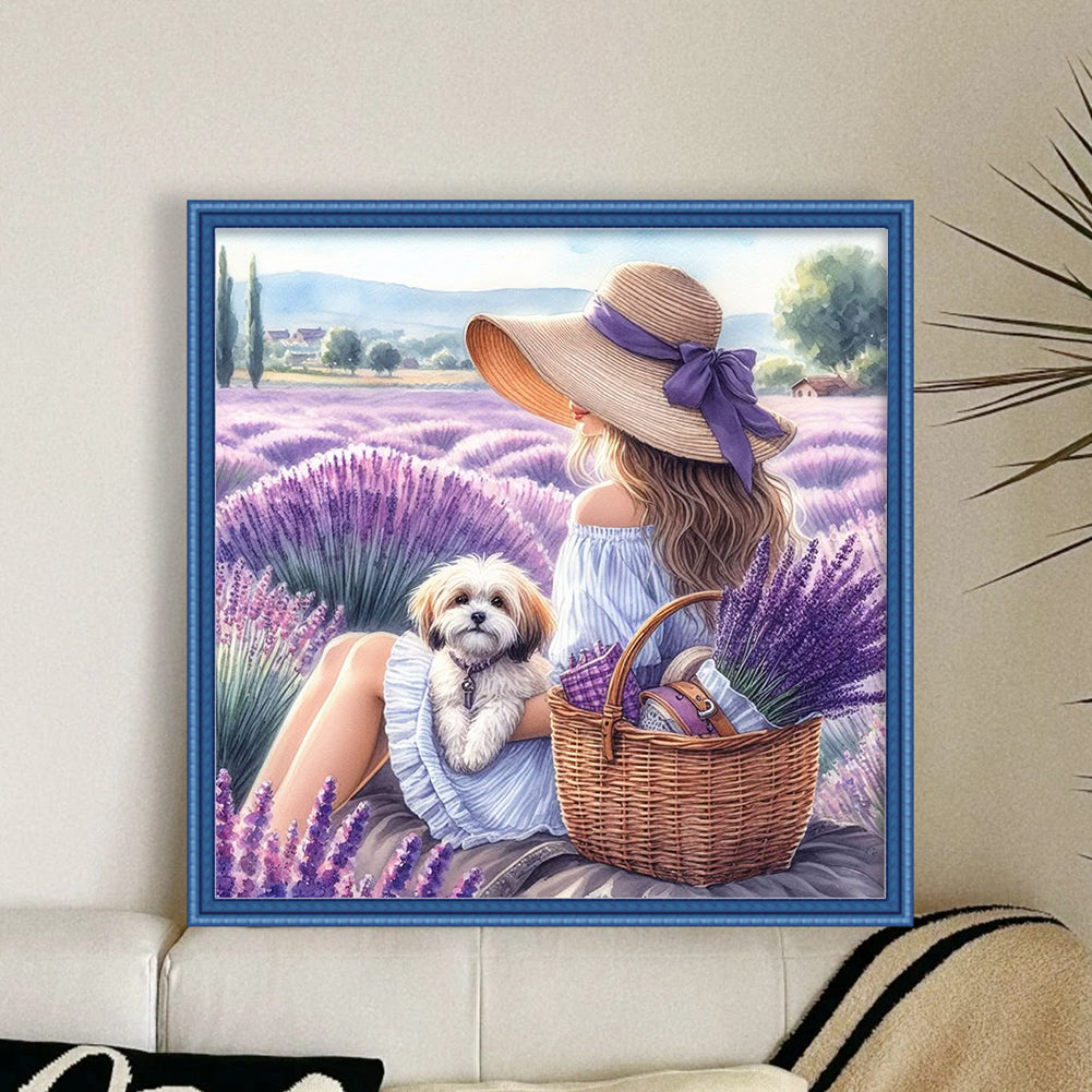 Girl And Puppy In The Flower Field - 11CT Stamped Cross Stitch 40*40CM