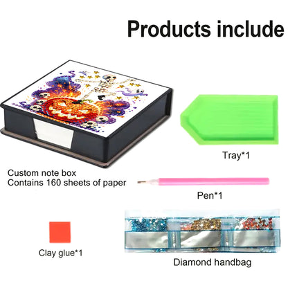 5D DIY PU Diamond Art Note Box with 160 Sheets Paper Memo Pad Holder (Skull)(Halloween)