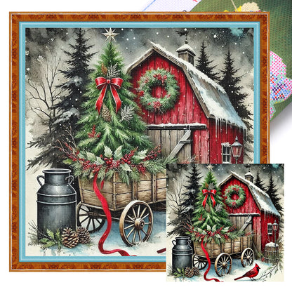 Christmas Tree And Cottage - 11CT Stamped Cross Stitch 45*45CM
