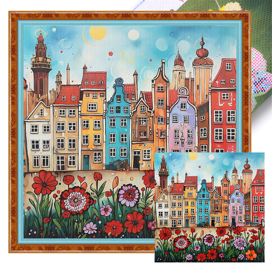 Colorful Houses - 14CT Stamped Cross Stitch 40*40CM