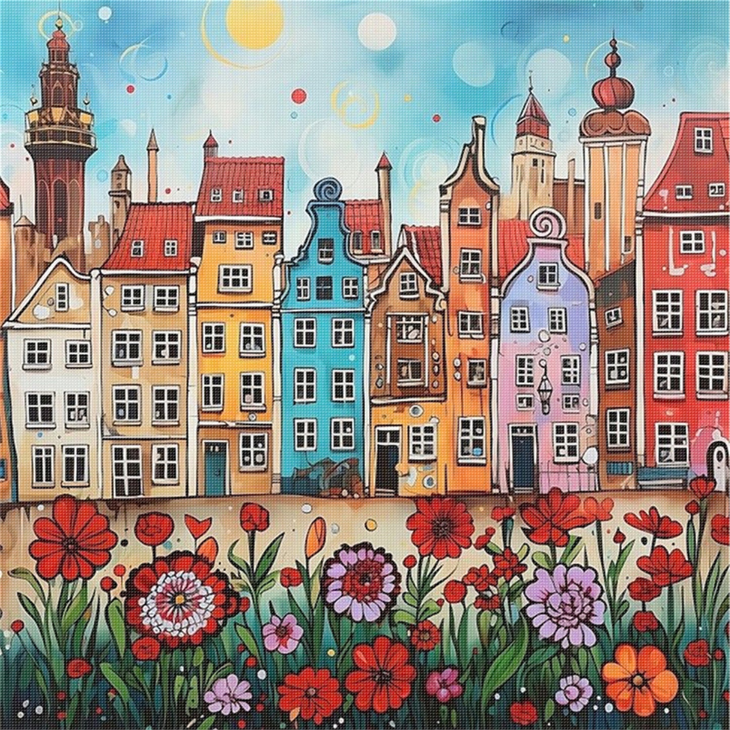 Colorful Houses - 14CT Stamped Cross Stitch 40*40CM