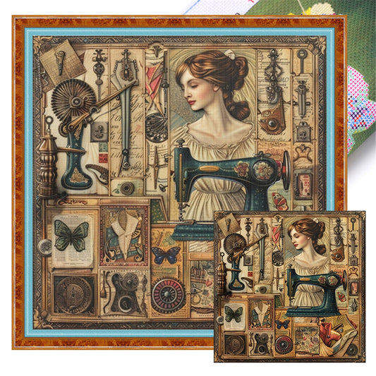 Woman With Sewing Machine - 14CT Stamped Cross Stitch 40*40CM