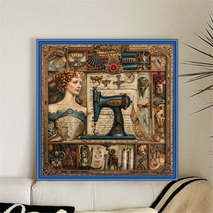 Woman With Sewing Machine - 14CT Stamped Cross Stitch 40*40CM