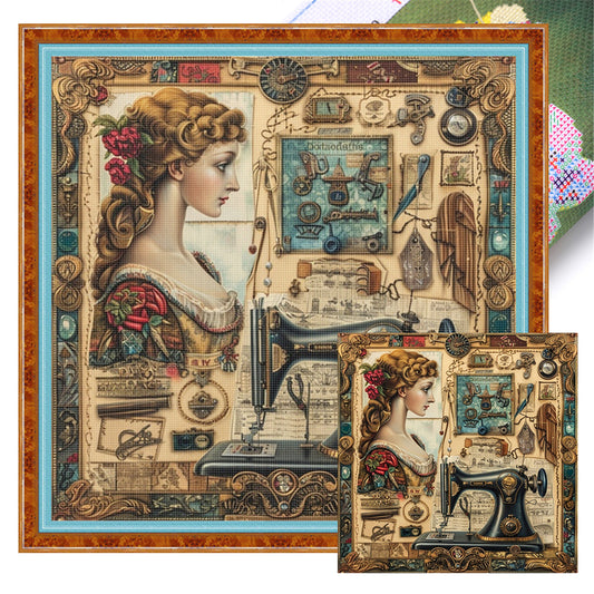 Woman With Sewing Machine - 14CT Stamped Cross Stitch 40*40CM