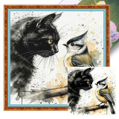 Black Cat And Sparrow - 11CT Stamped Cross Stitch 40*40CM
