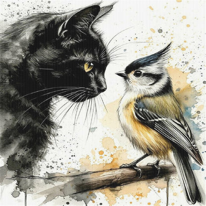 Black Cat And Sparrow - 11CT Stamped Cross Stitch 40*40CM