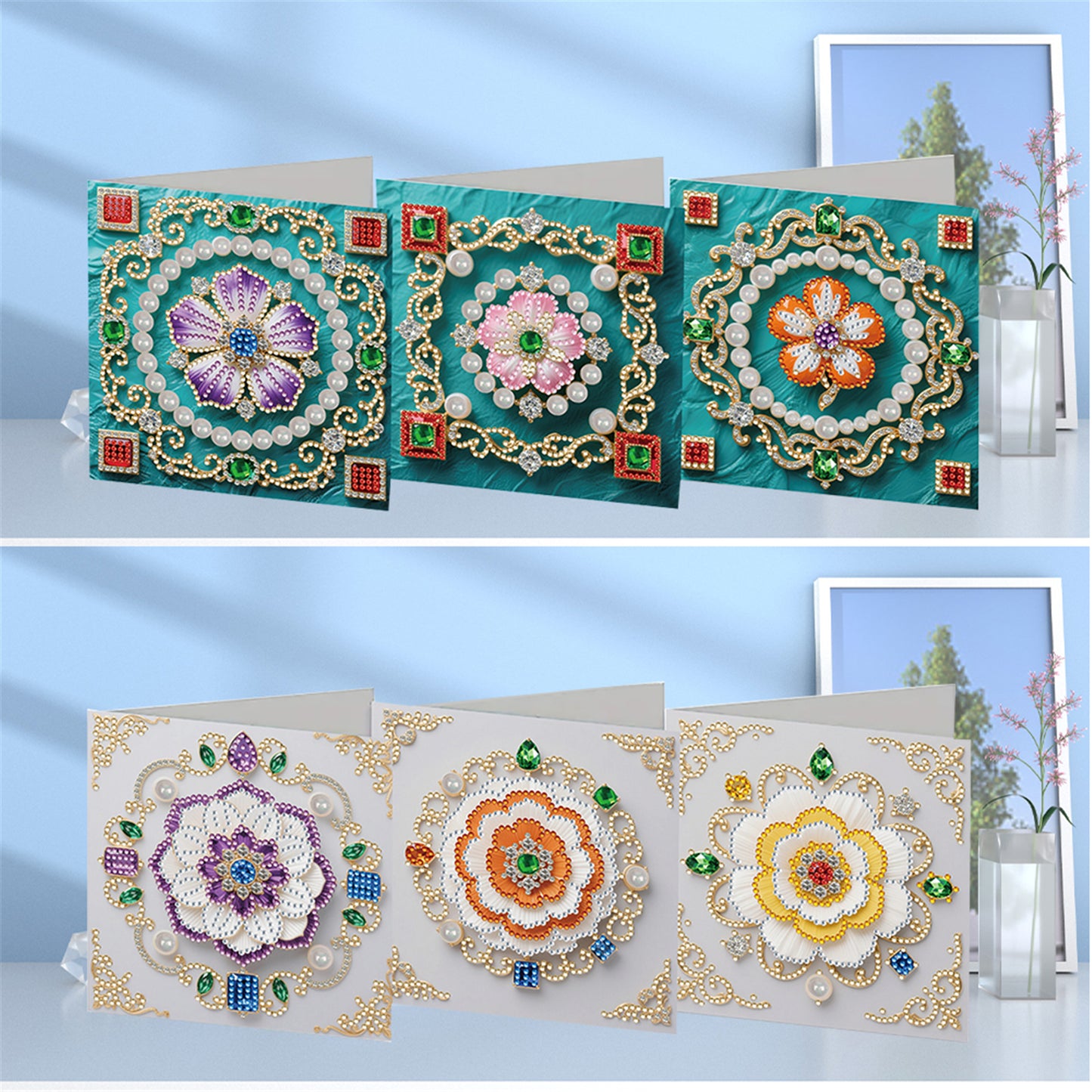 6pcs DIY Floral Pattern Diamond Art Greeting Cards for Festivals and Celebration