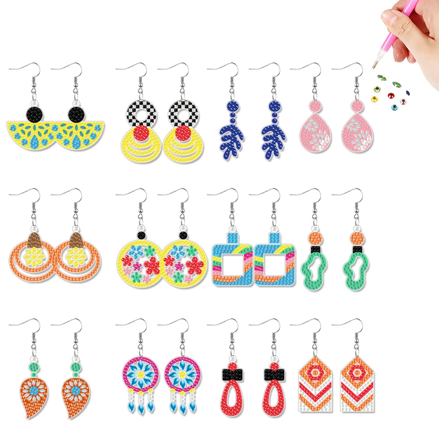 12 Pairs Geometry Diamond Painting Earrings DIY Diamond Art Earrings for Adults