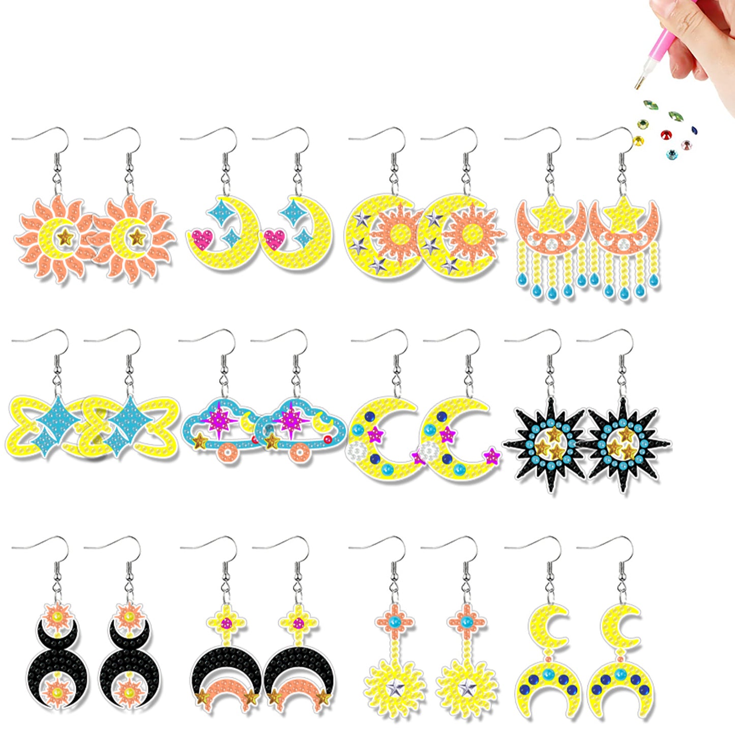 12 Pairs Sun Star Moon Diamond Painting Earrings DIY Diamond Art Earrings
