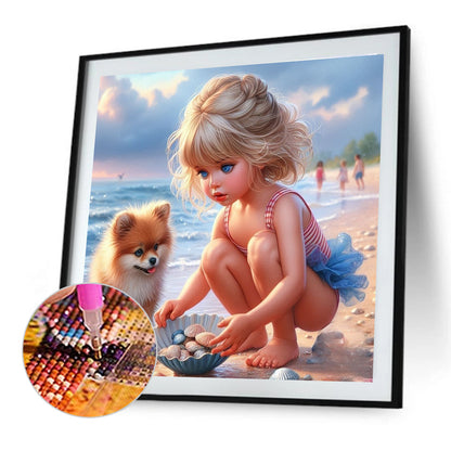 Little Girl On The Beach - Full Round Drill Diamond Painting 40*40CM