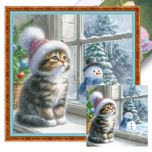 Window Cat Snowman - 11CT Stamped Cross Stitch 40*40CM