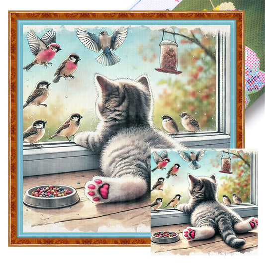 Window Cat Bird - 11CT Stamped Cross Stitch 40*40CM