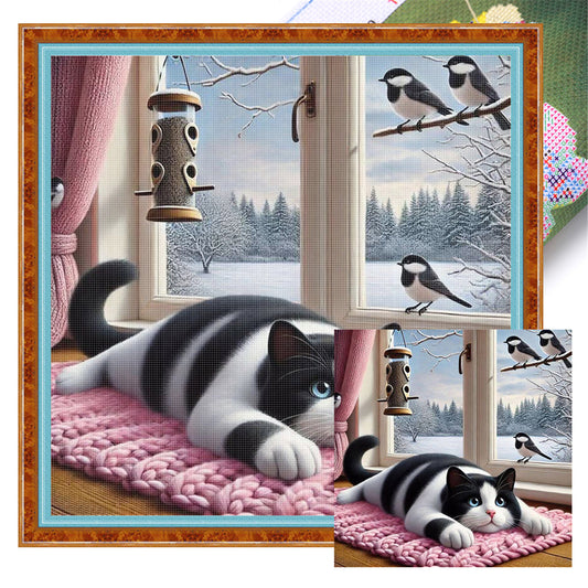 Window Cat Bird - 11CT Stamped Cross Stitch 40*40CM
