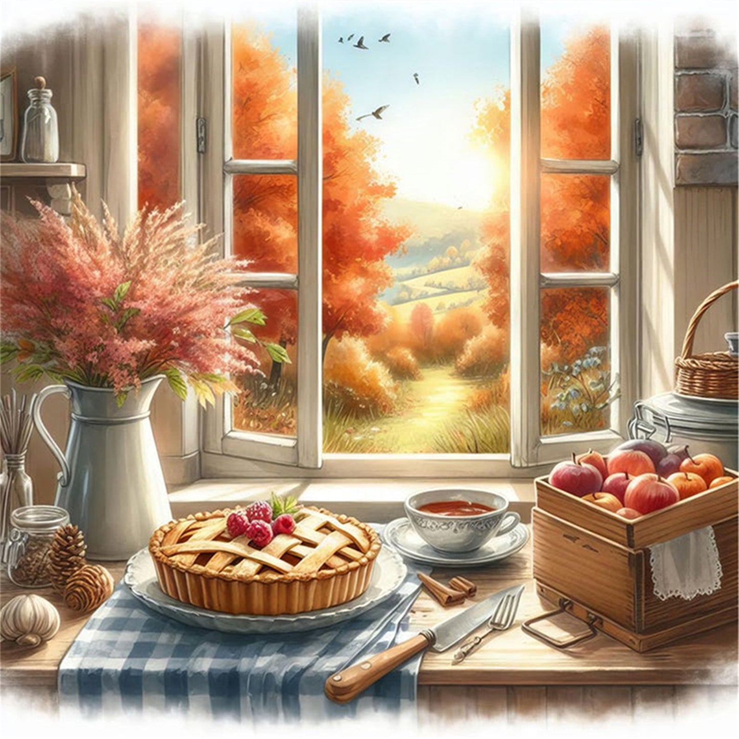 Autumn Window Scene - 11CT Stamped Cross Stitch 45*45CM