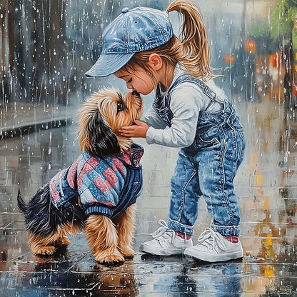 Little Girl With Cute Pets - Full Round Drill Diamond Painting 40*40CM