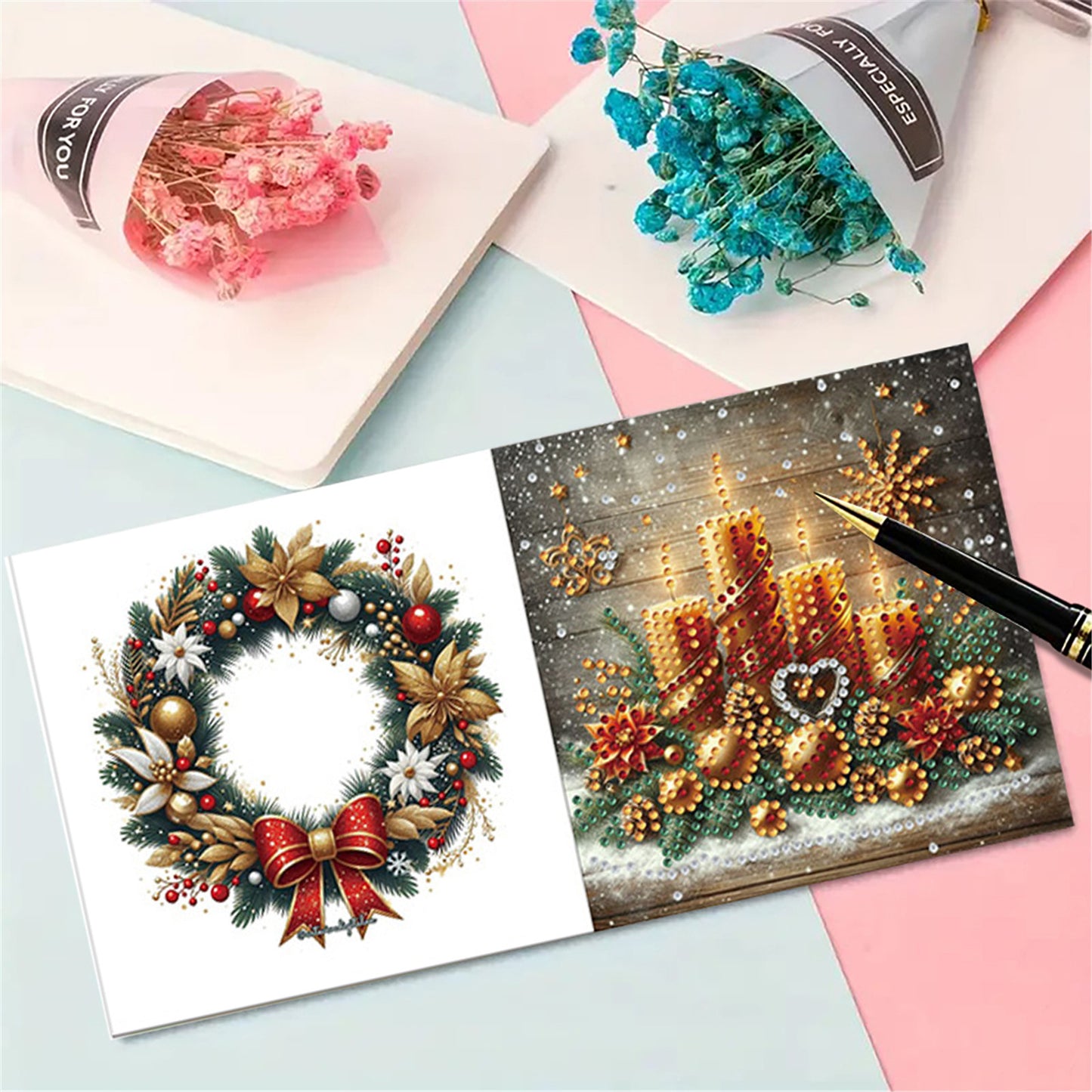 6pcs DIY Christmas Candle Diamond Art Greeting Cards for Holiday Blessings