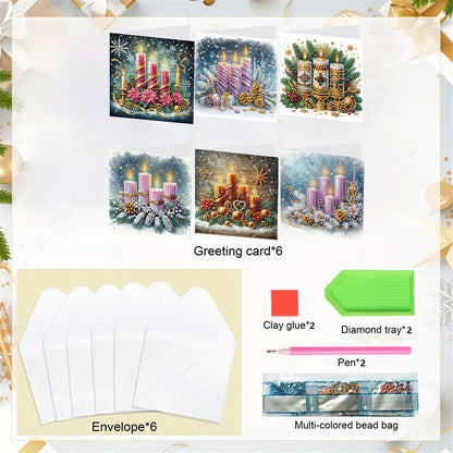 6pcs DIY Christmas Candle Diamond Art Greeting Cards for Holiday Blessings