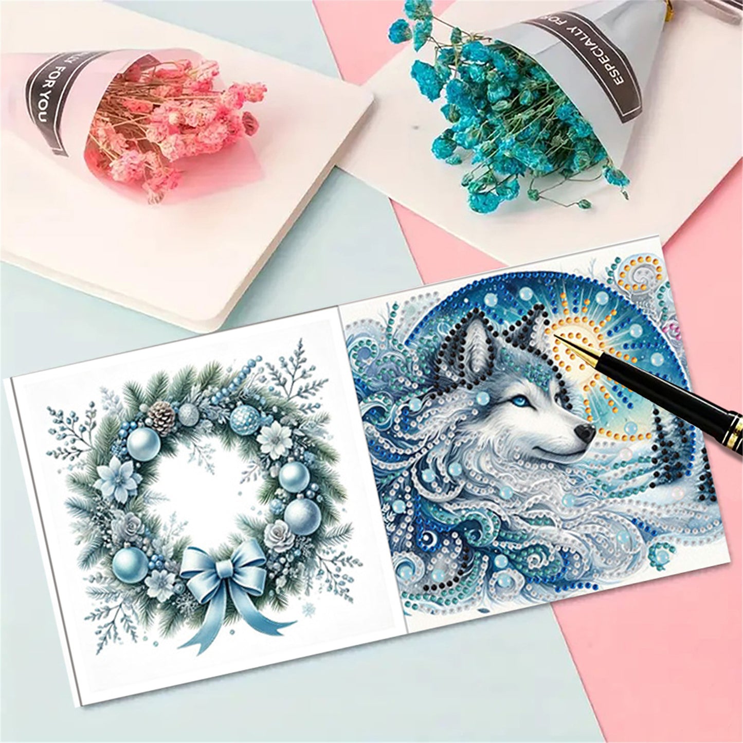 6pcs DIY Wolf Diamond Art Greeting Cards for Holiday Blessings Gifts Cards