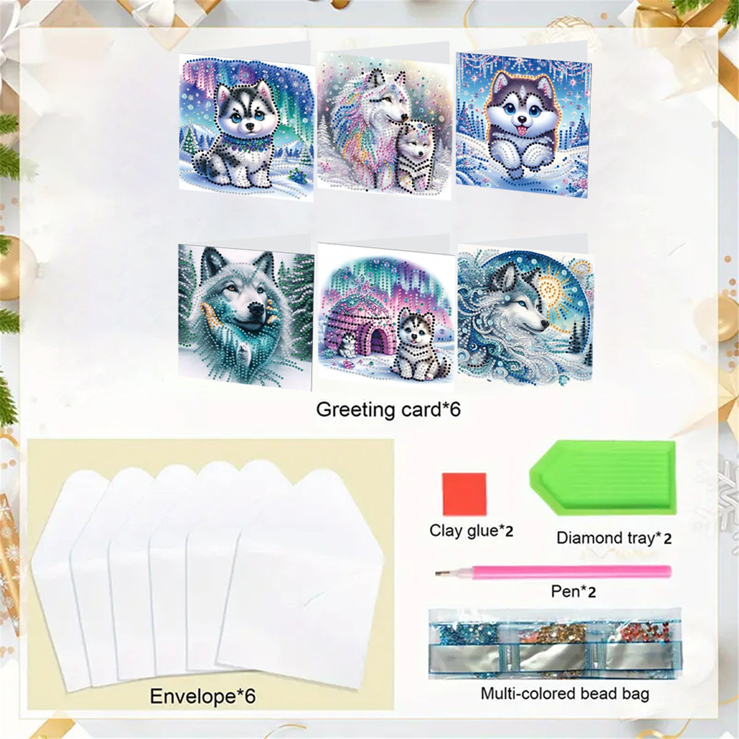 6pcs DIY Wolf Diamond Art Greeting Cards for Holiday Blessings Gifts Cards