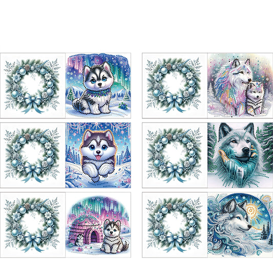 6pcs DIY Wolf Diamond Art Greeting Cards for Holiday Blessings Gifts Cards