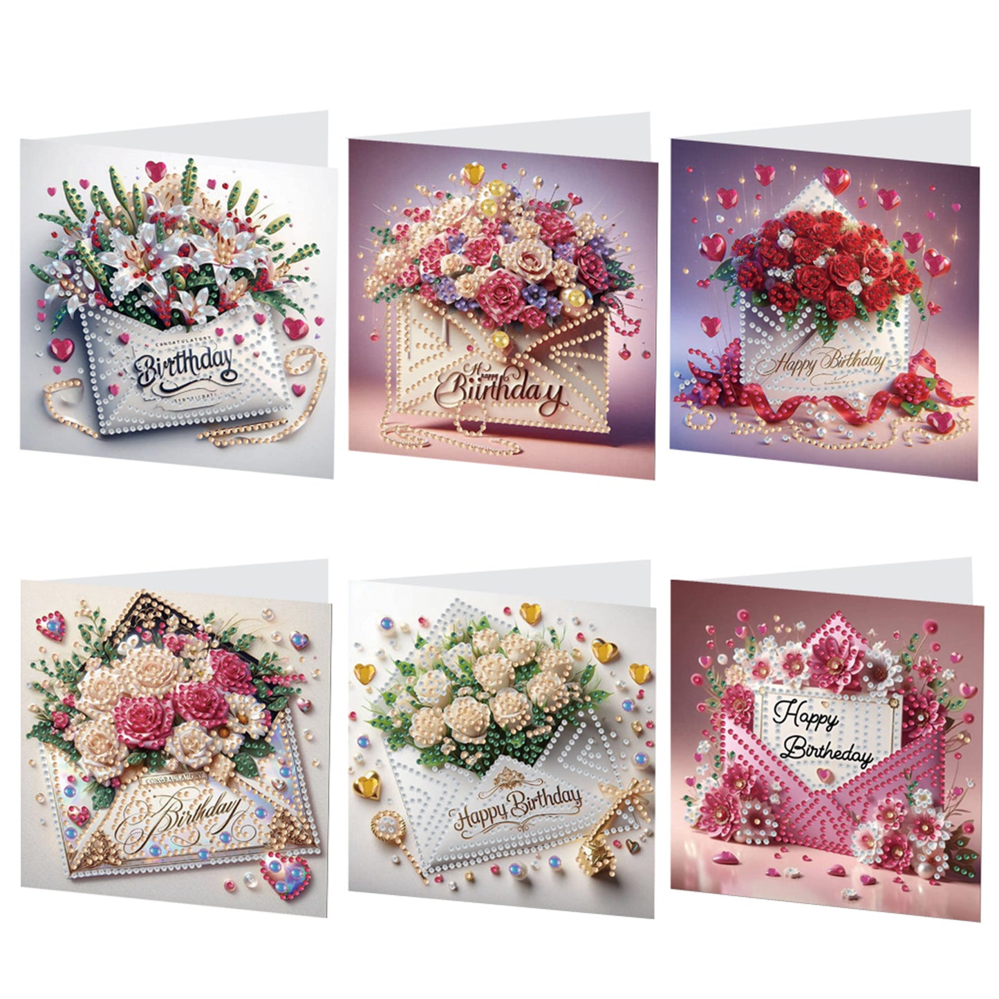 6pcs DIY Birthday Flowers Diamond Art Greeting Cards for Birthday Blessings