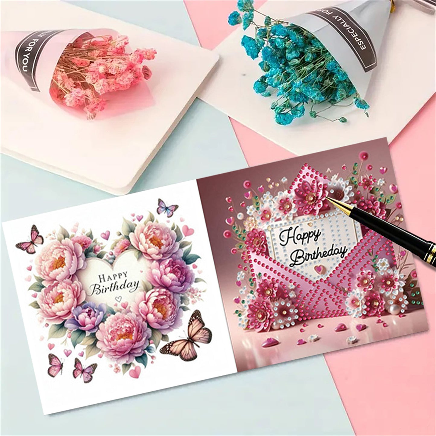 6pcs DIY Birthday Flowers Diamond Art Greeting Cards for Birthday Blessings