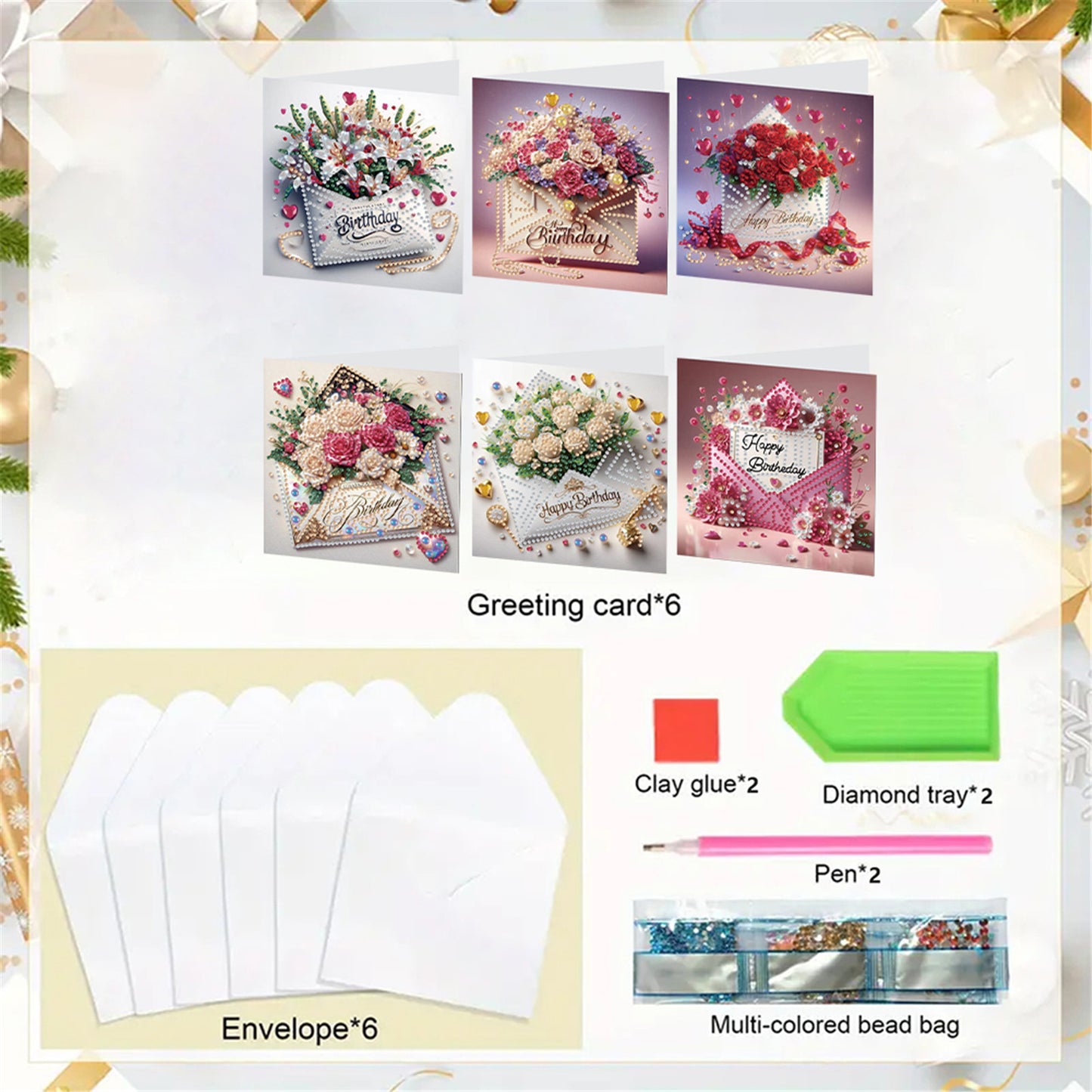 6pcs DIY Birthday Flowers Diamond Art Greeting Cards for Birthday Blessings