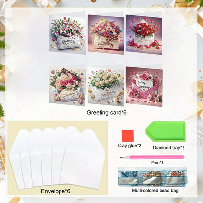 6pcs DIY Birthday Flowers Diamond Art Greeting Cards for Birthday Blessings