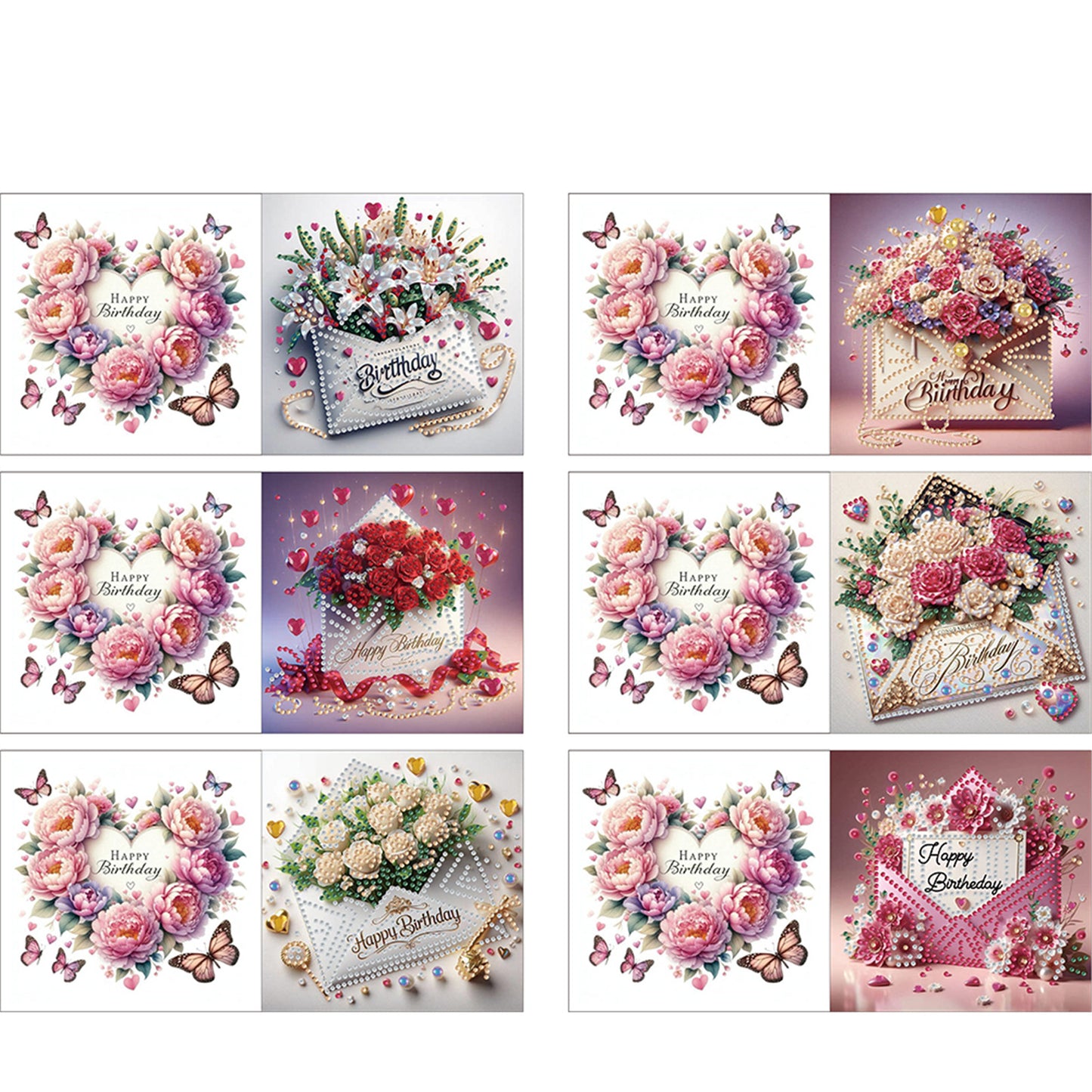 6pcs DIY Birthday Flowers Diamond Art Greeting Cards for Birthday Blessings