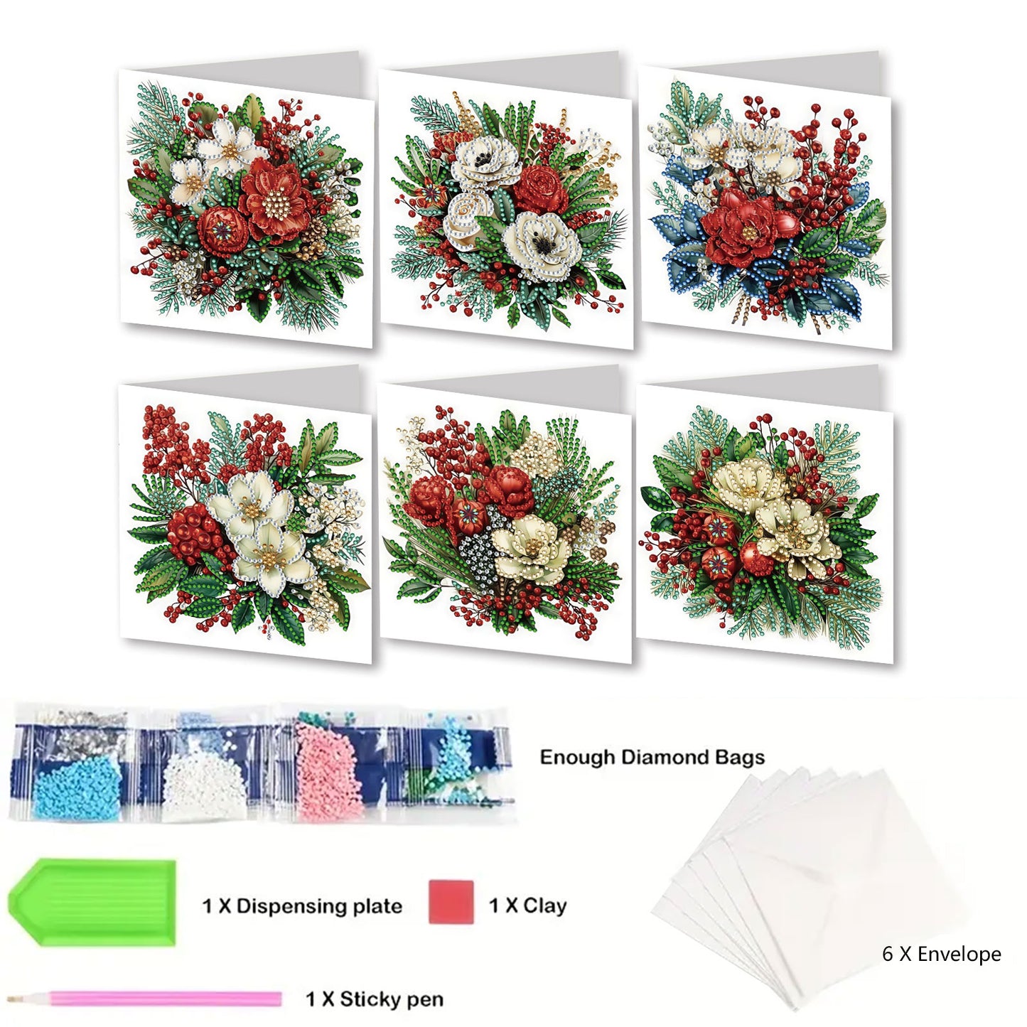 6pcs DIY Flowers Diamond Art Greeting Cards Thank You Cards and Holiday Blessing