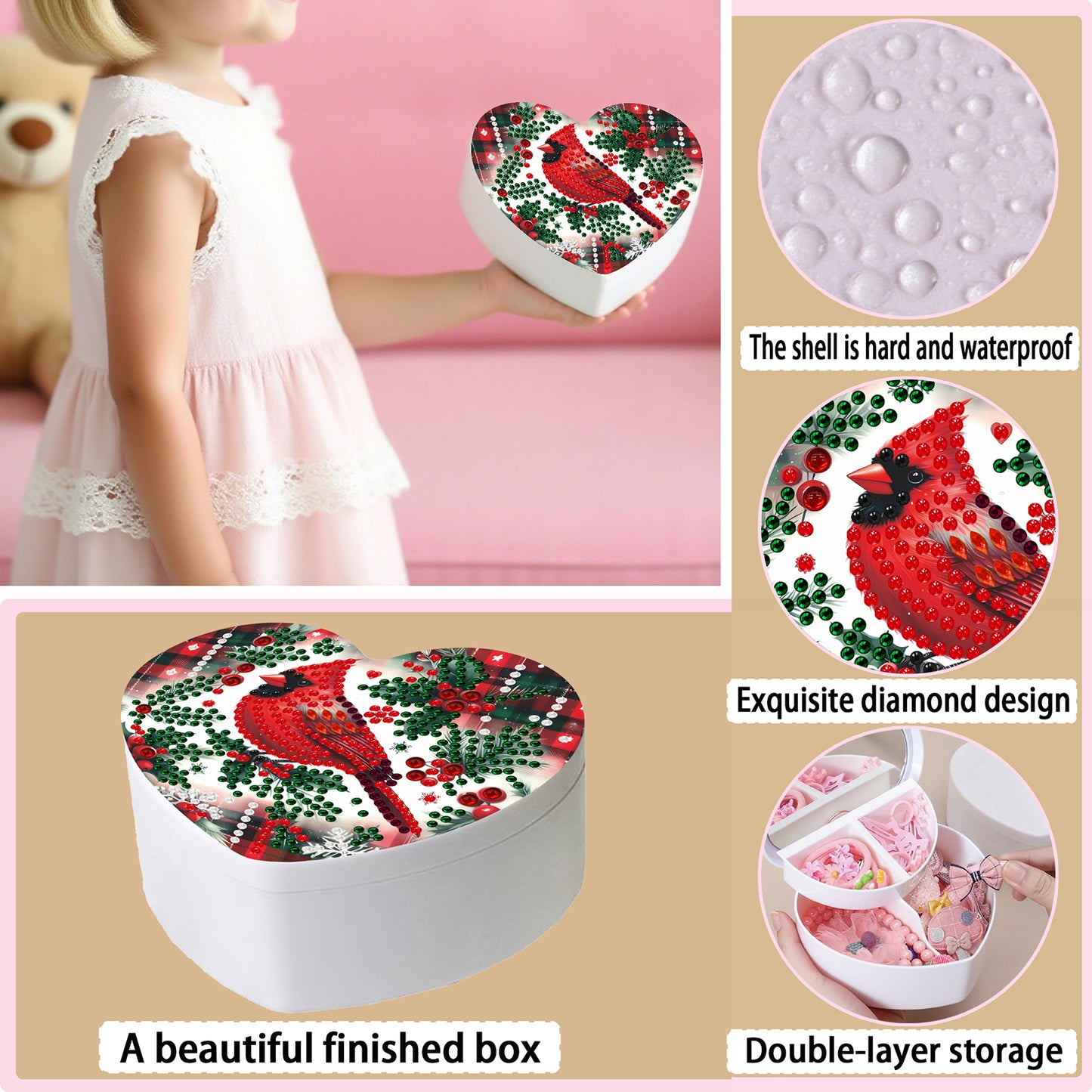 Cardinal DIY Diamond Painting Heart-Shaped Jewelry Box Decorative Storage Case
