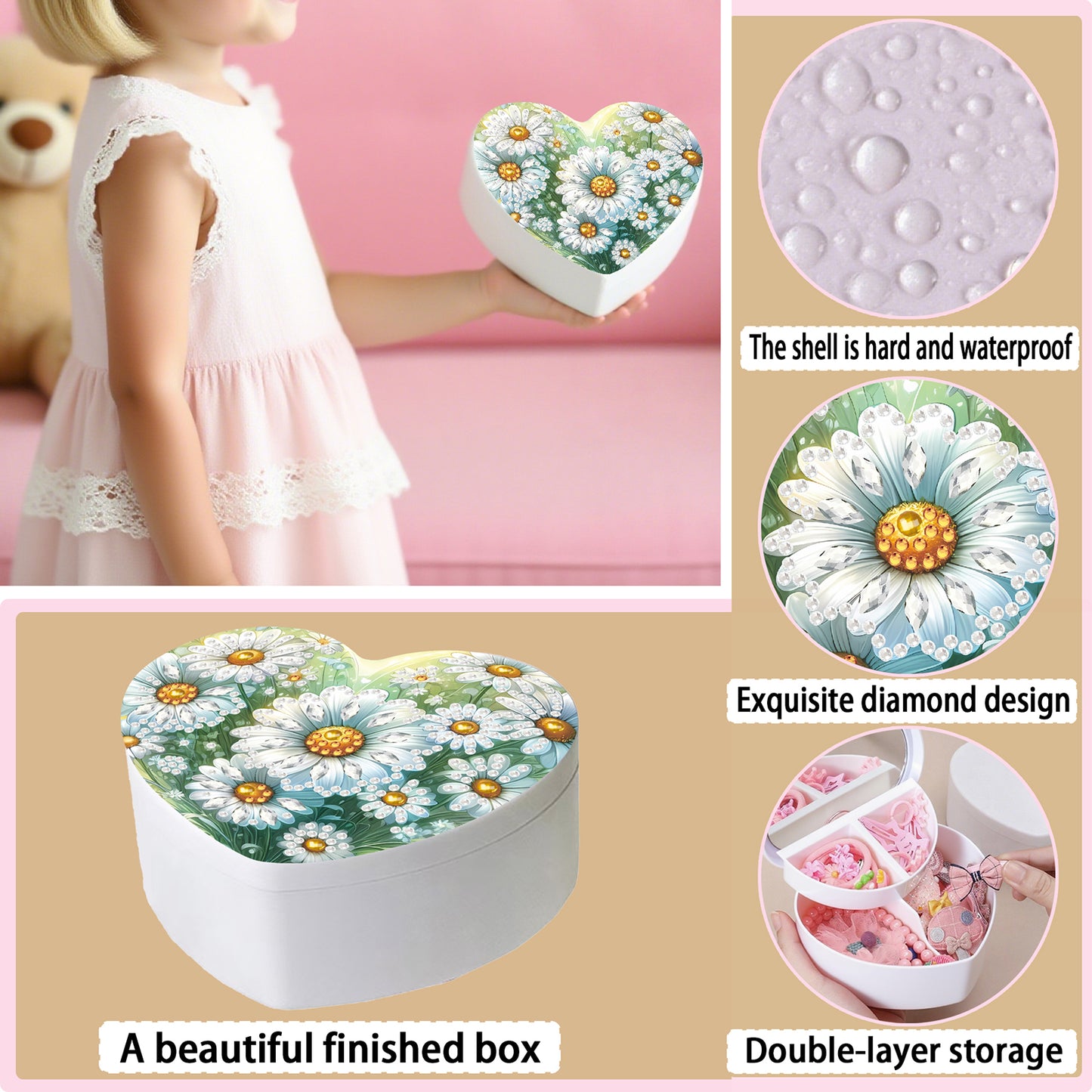 Daisy DIY Diamond Painting Heart-Shaped Jewelry Box Decorative Storage Case