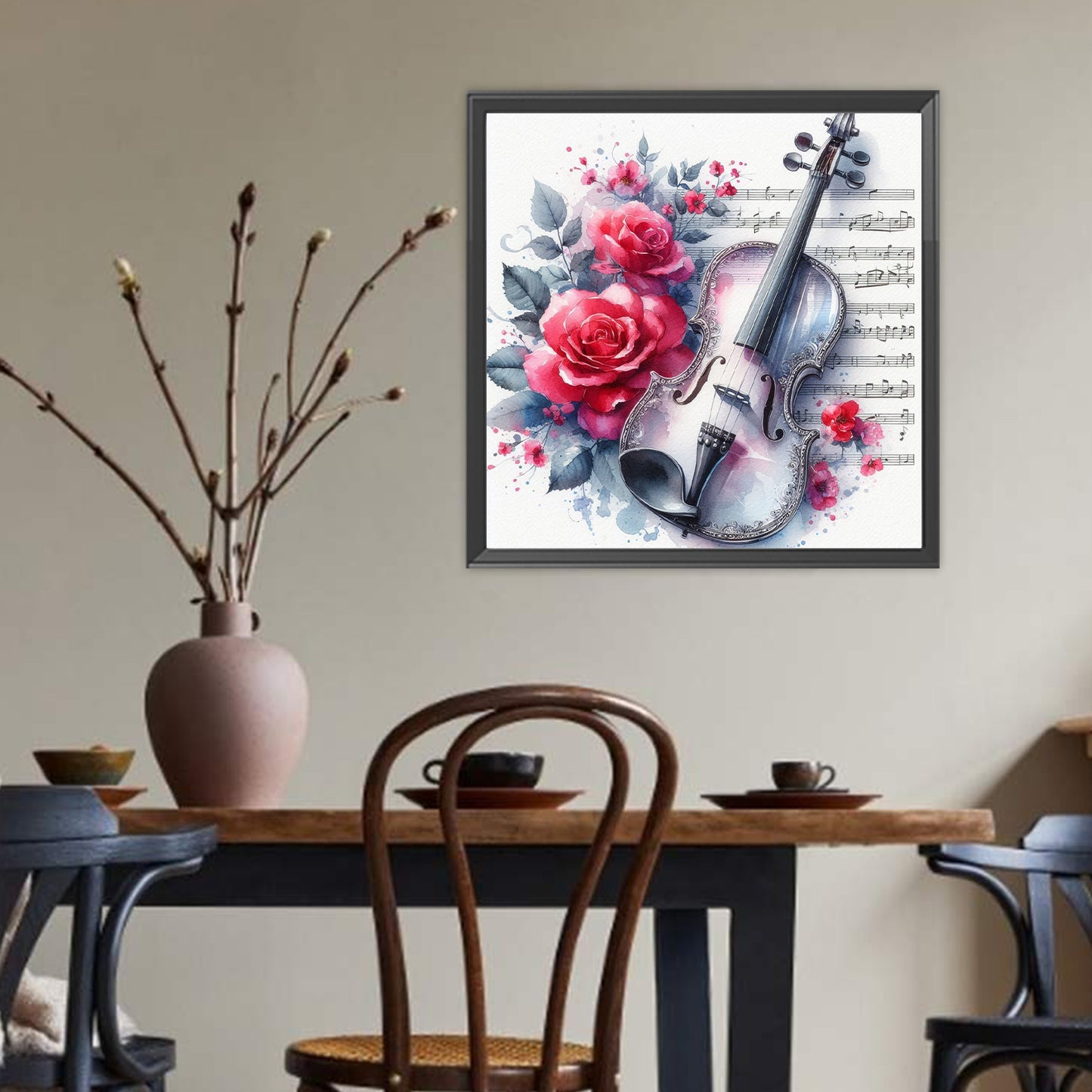 Violin And Red Roses - Full Round Drill Diamond Painting 40*40CM