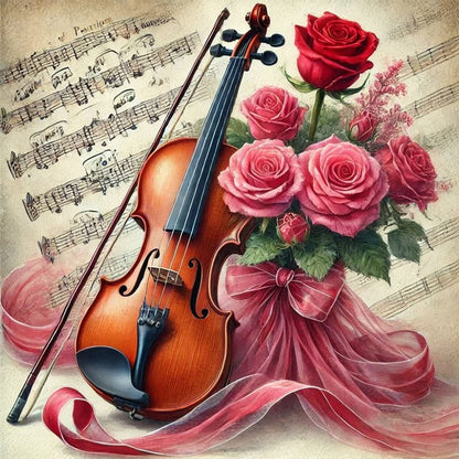 Violin And Red Roses - Full Round Drill Diamond Painting 40*40CM