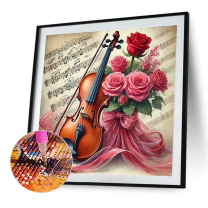 Violin And Red Roses - Full Round Drill Diamond Painting 40*40CM