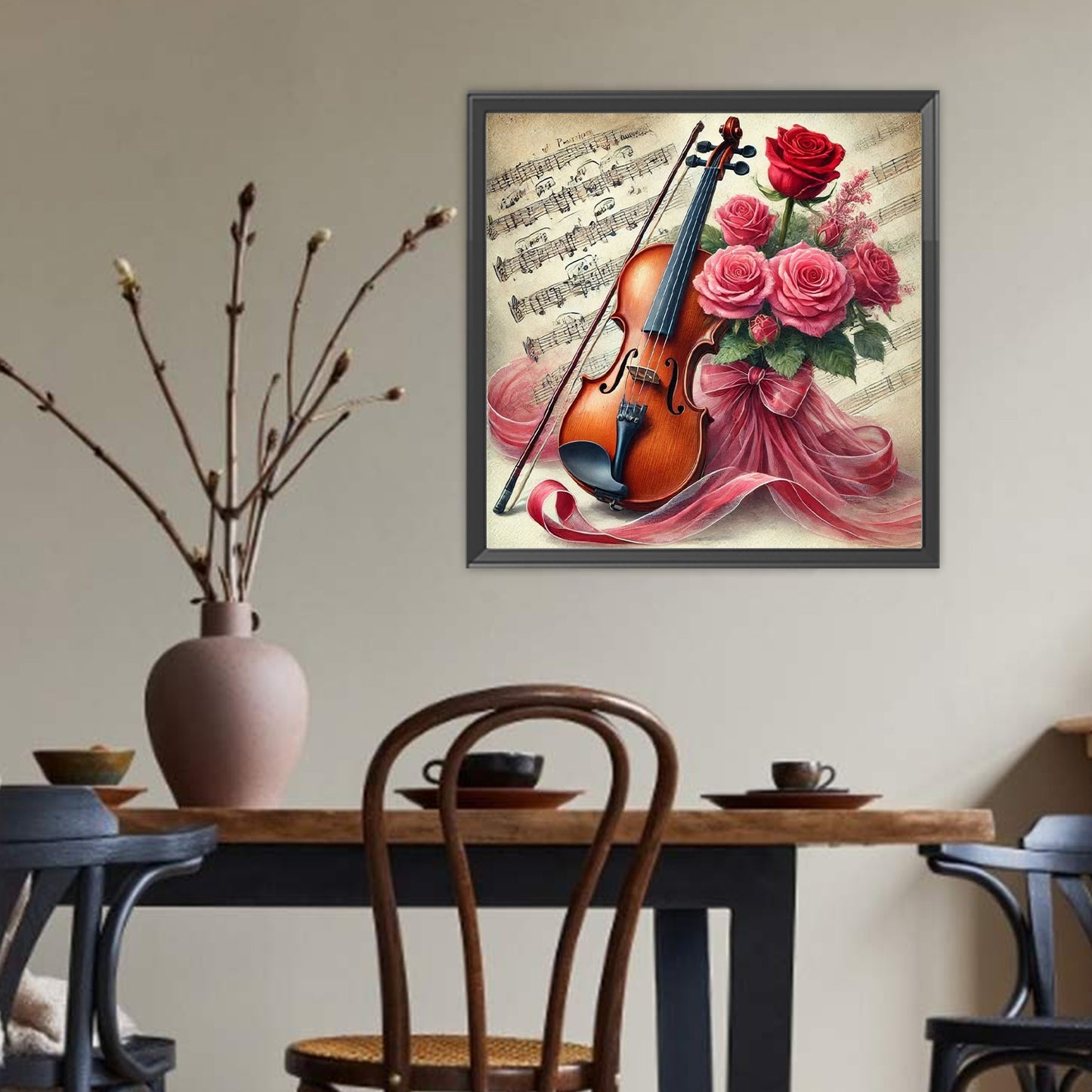 Violin And Red Roses - Full Round Drill Diamond Painting 40*40CM