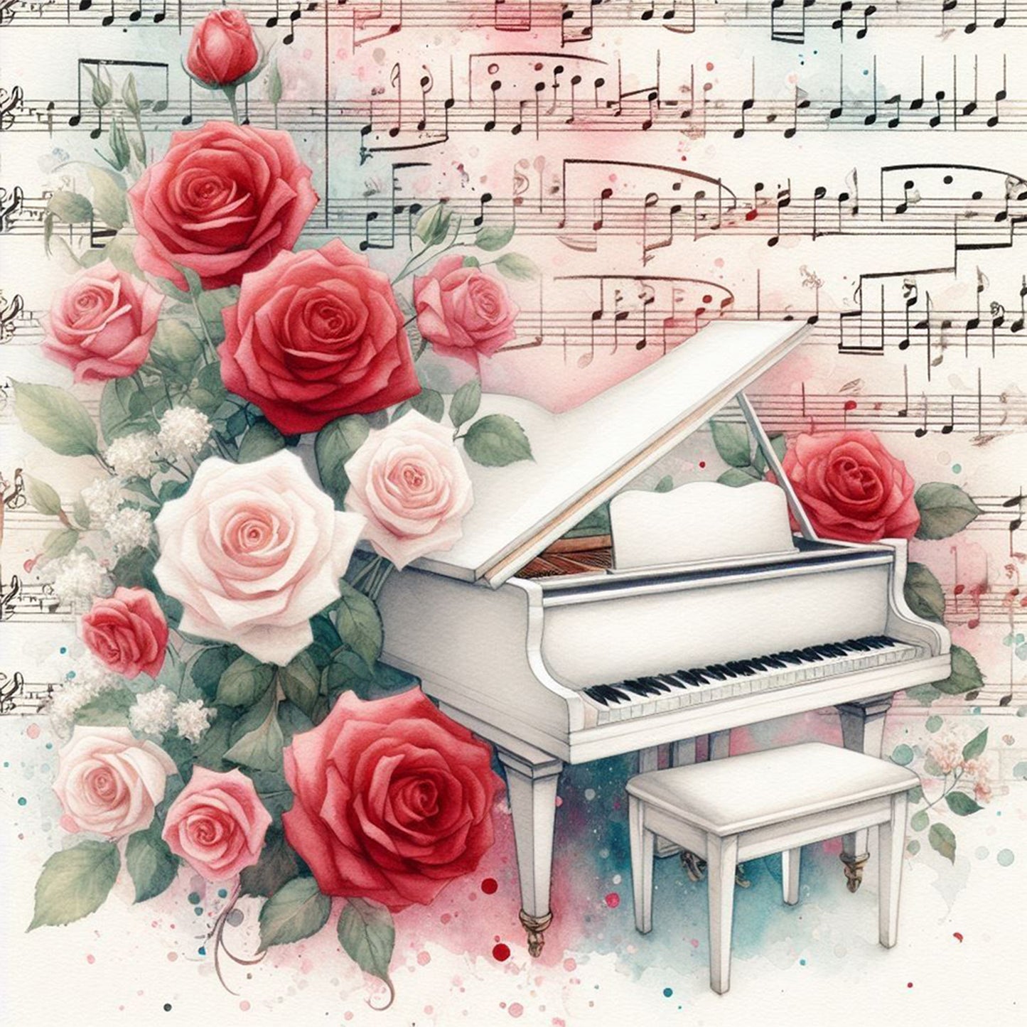 Piano And Red Roses - Full Round Drill Diamond Painting 40*40CM