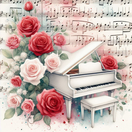 Piano And Red Roses - Full Round Drill Diamond Painting 40*40CM