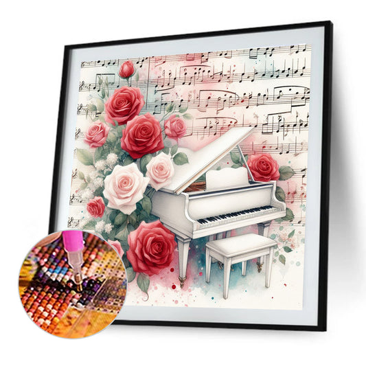 Piano And Red Roses - Full Round Drill Diamond Painting 40*40CM
