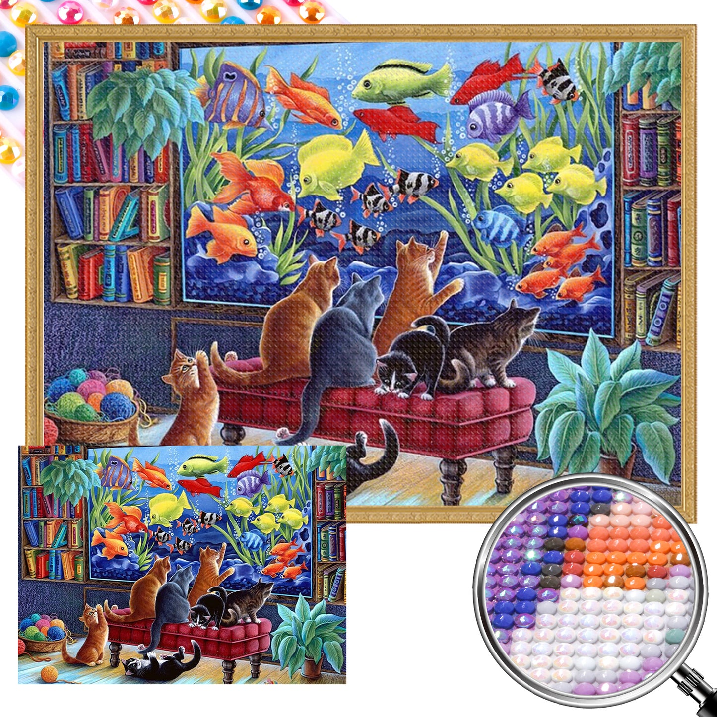 Kitten Fish Tank - Partial AB Full Round Drill Diamond Painting 55*40CM