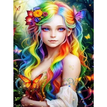 Girl With Colorful Hair - Full Round Drill Diamond Painting 30*40CM