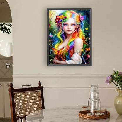 Girl With Colorful Hair - Full Round Drill Diamond Painting 30*40CM