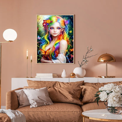 Girl With Colorful Hair - Full Round Drill Diamond Painting 30*40CM