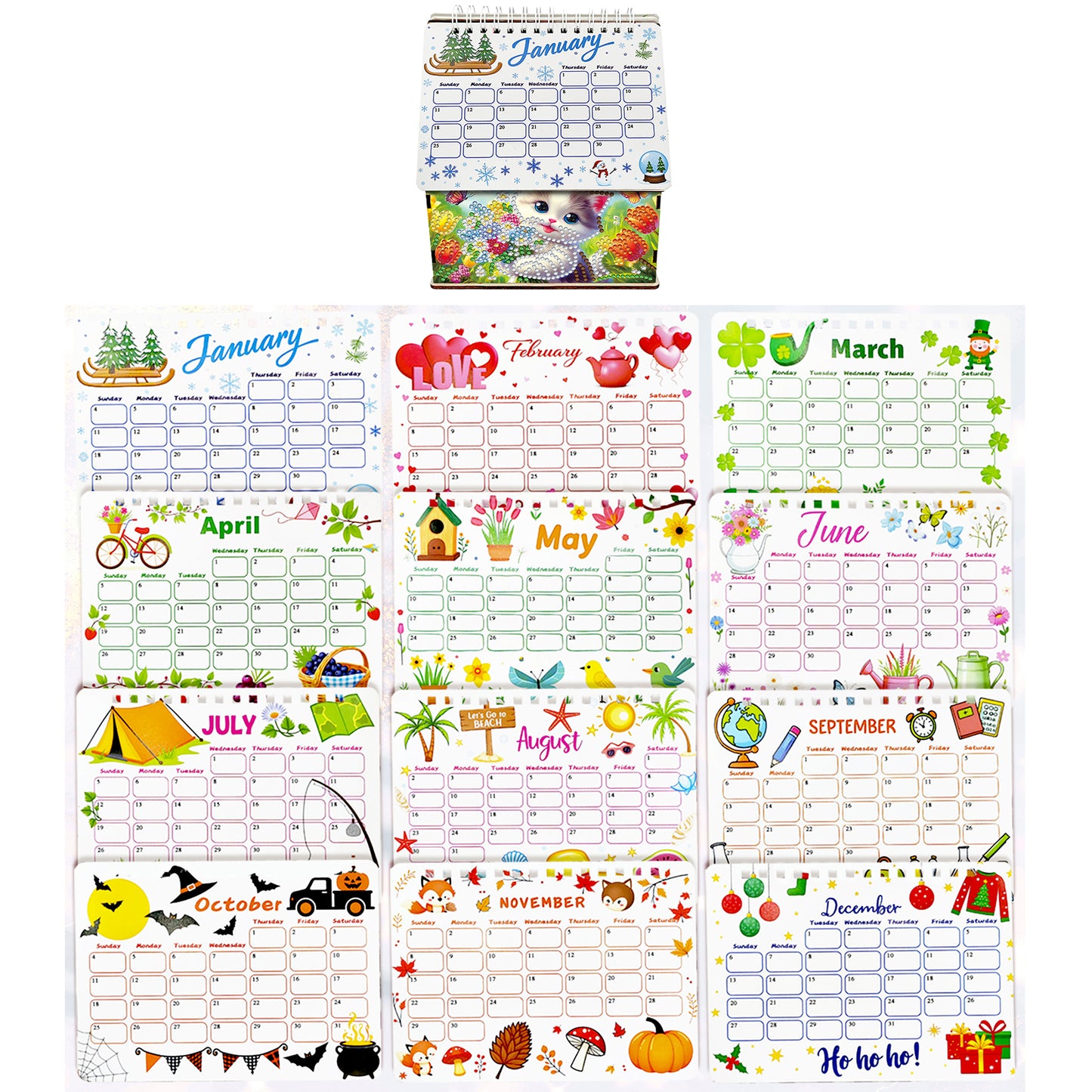 5D/DIY Calendar Crystal Painting Desk Calendars Kit Home Decorations (Cat)