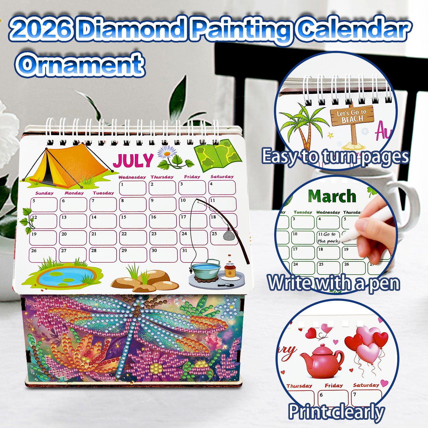5D/DIY Calendar Crystal Painting Desk Calendars Kit Home Decoration (Dragonfly)