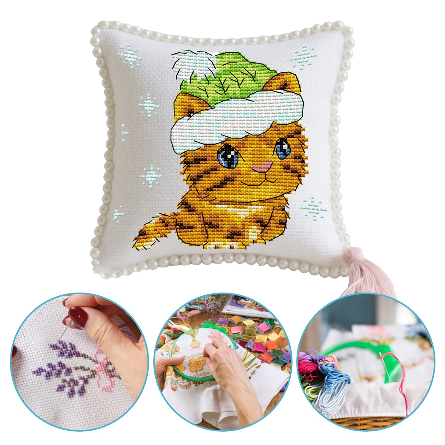 14CT Needle Insert Bag 2 Strands Printed Knitting Threads Pin Pouch with Tassel