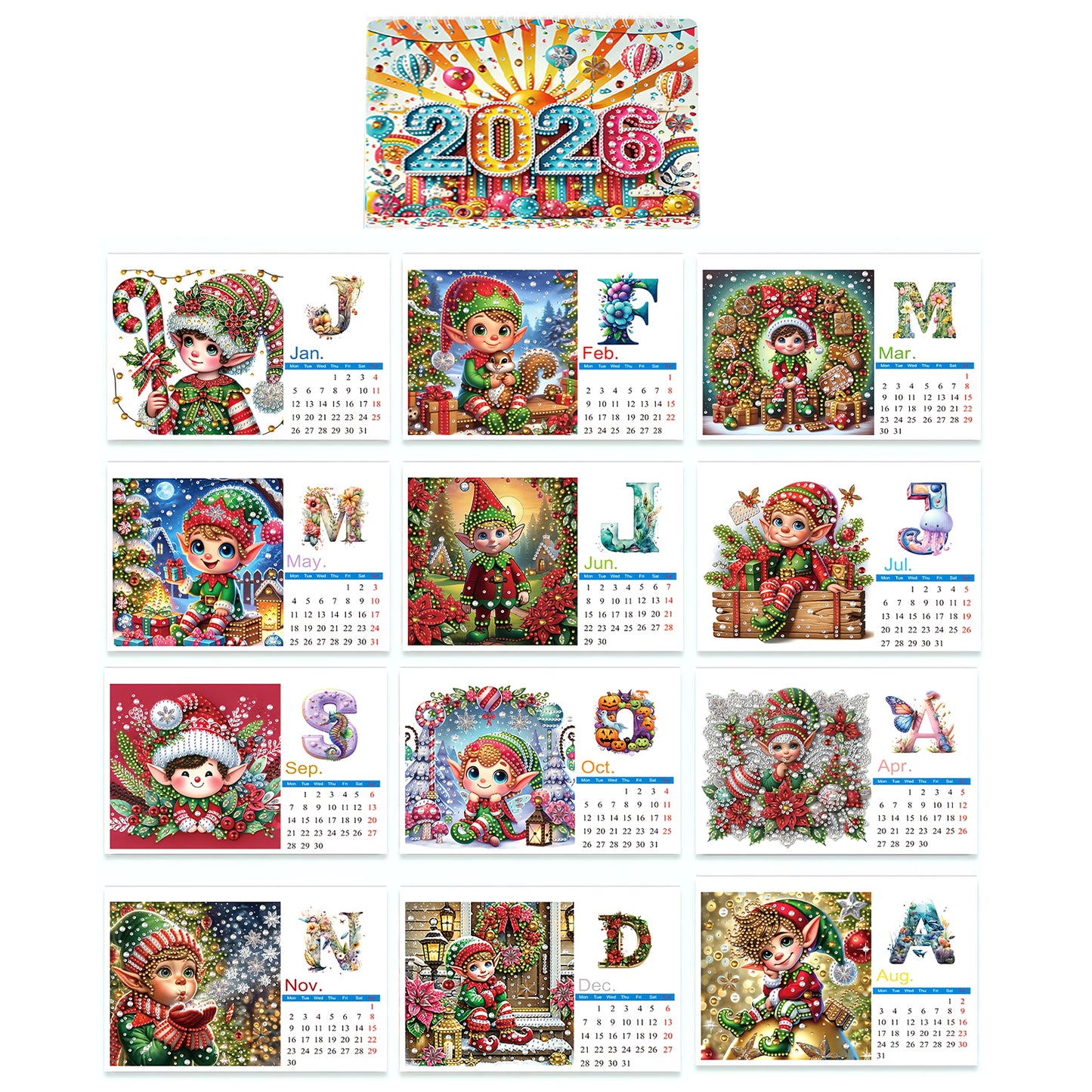 2026 Calendar Diamond Painting Kit Christmas Elf DIY Diamond Art Desk Calendar
